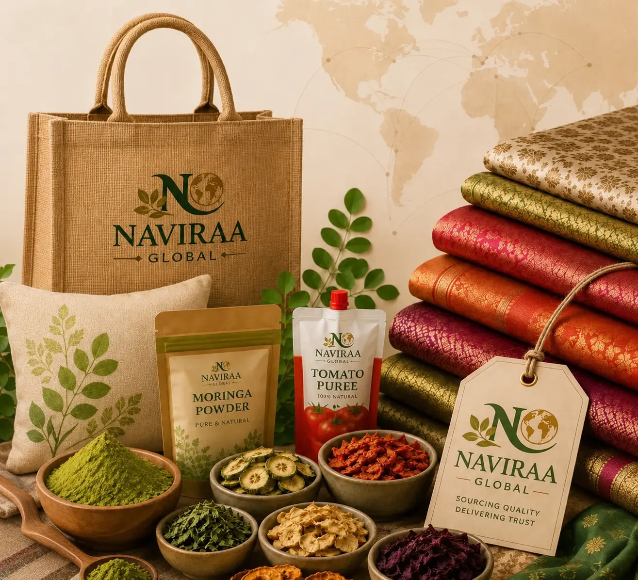 Collage of NAVIRAA Global jute tote bag, moringa powder, tomato purée and textile rolls